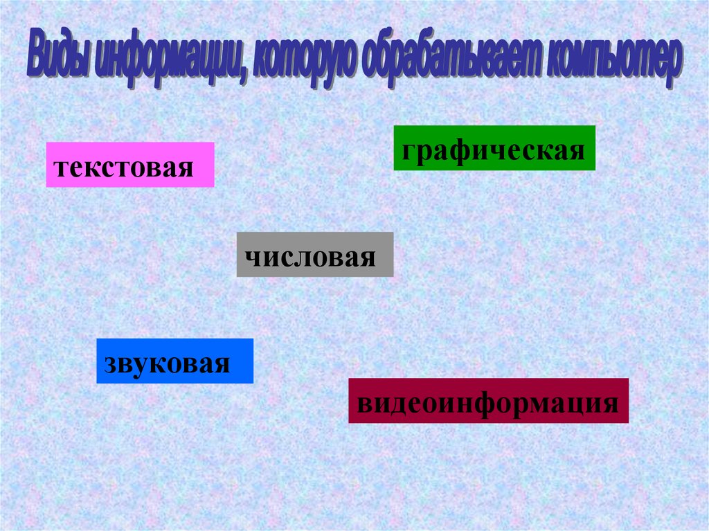 Графическая звуковая текстовая числовая видеоинформация.