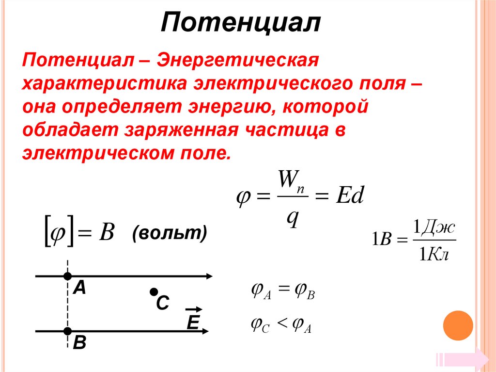 Потенциал и разность потенциалов электрического поля. Определение разности потенциалов формула.