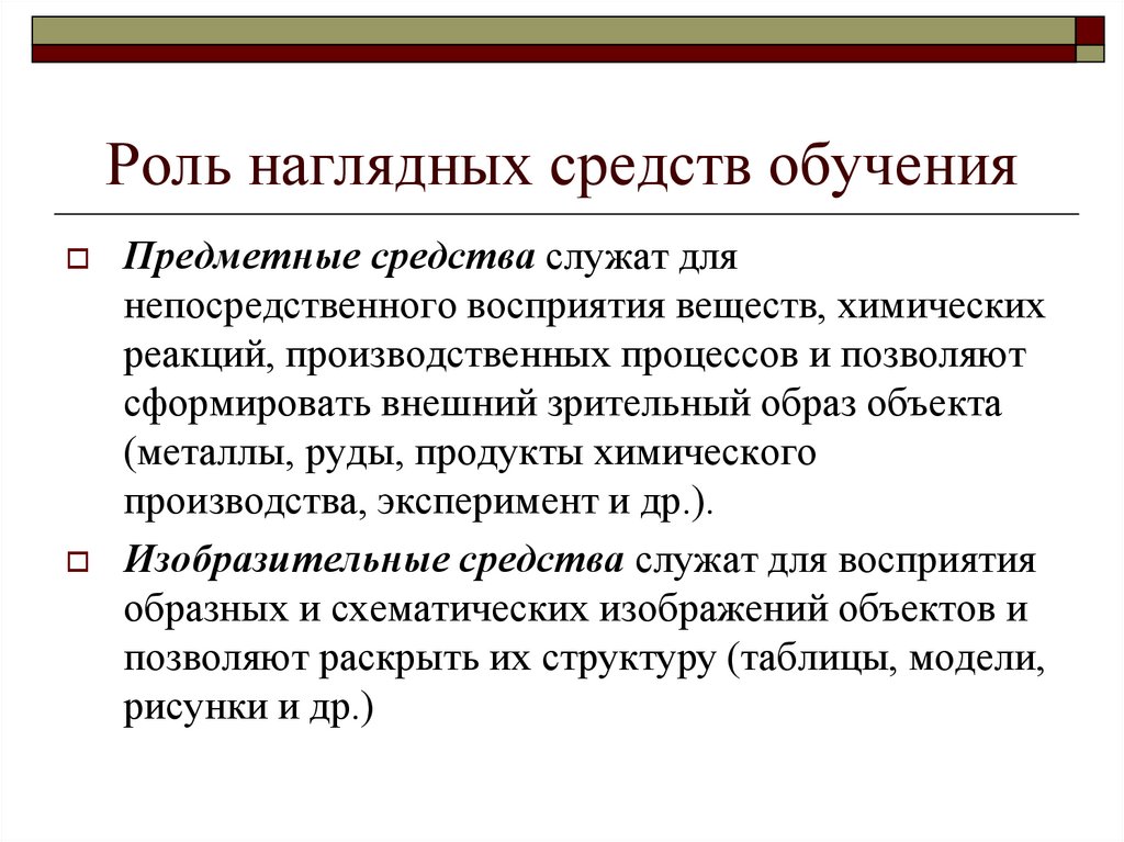 Роль средств обучения. Наглядные средства обучения химии. Роль наглядных средств обучения. Предметные средства обучения. Непосредственные наглядные методы.