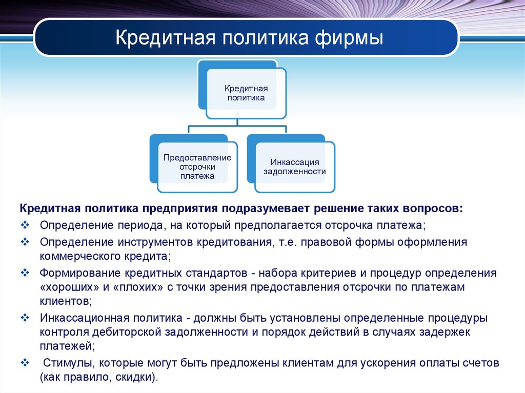 Составить кредит. Кредитная политика предприятия. Кредитной политики предприятия. Кредитная политика организации представляет собой политику:. Содержание кредитной политики предприятия.