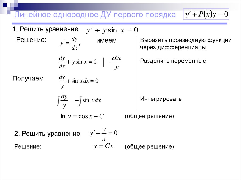 Первый порядок 1. Решение линейных дифференциальных уравнений первого порядка. Линейное неоднородное дифференциальное уравнение 1 порядка. Линейное уравнение первого порядка примеры. Решение однородных дифференциальных уравнений первого порядка.