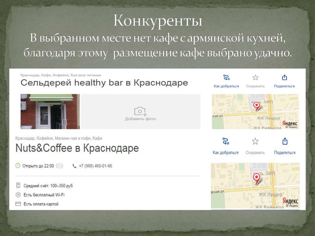 Конкуренты В выбранном месте нет кафе с армянской кухней, благодаря этому размещение кафе выбрано удачно.