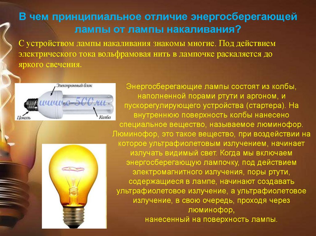 В чем принципиальное отличие энергосберегающей лампы от лампы накаливания?