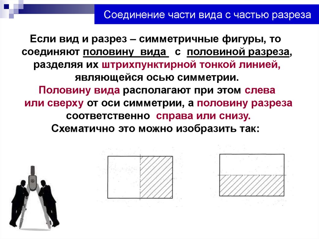 В каком случае при симметричных изображениях вида и разреза нельзя соединять их половины