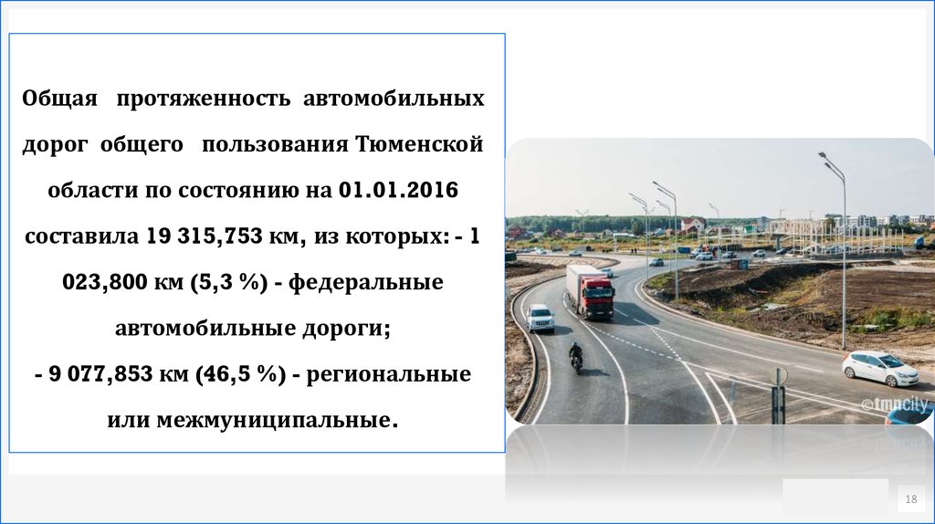 Общая протяженность автомобильных дорог общего пользования Тюменской области по состоянию на 01.01.2016 составила 19 315,753
