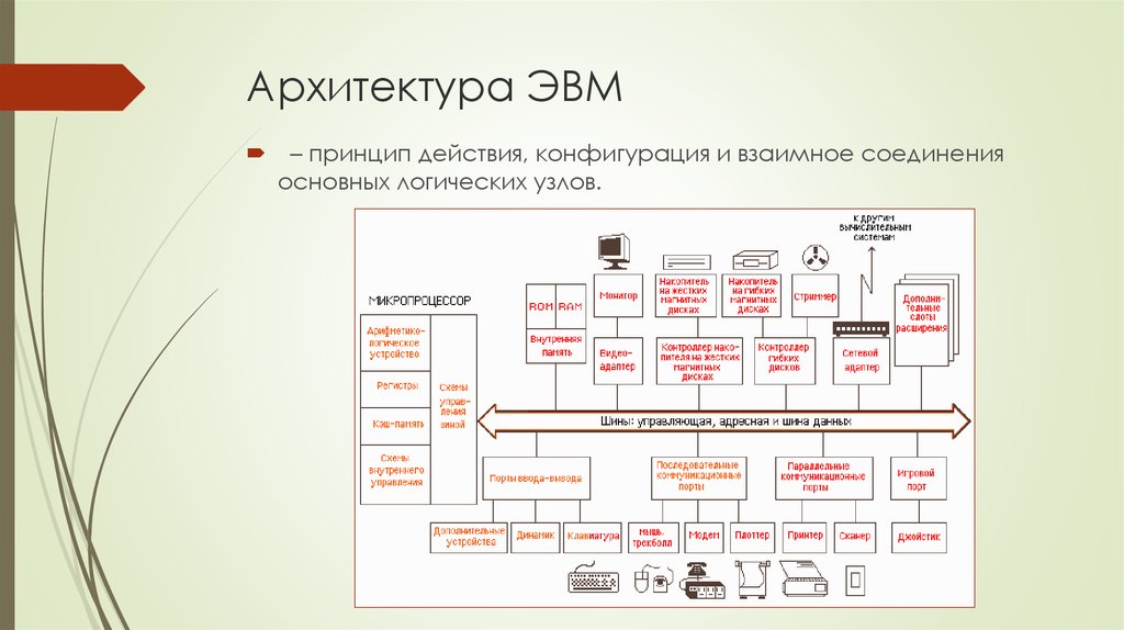 Элементы эвм. Составные части архитектуры ЭВМ. Основные компоненты ЭВМ. Основные типы архитектур ЭВМ.. Основные принципы шинной архитектуры ЭВМ. Архитектура и структура современных ЭВМ.