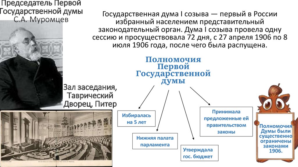 Государственная дума осуществляет власть. Председатель Госдумы 1 созыва Муромцев. Муромцев государственная Дума. Председатели первых дум. Председатель первой в России государственной Думы.