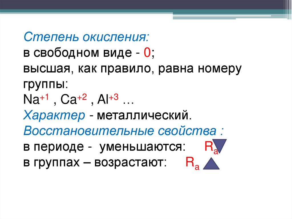 Степень металлов. Степень окисления равна номеру группы. Степени окисления в периоде уменьшается. Высшая степень окисления равна номеру группы. Степень октсления не равна номеру группу.