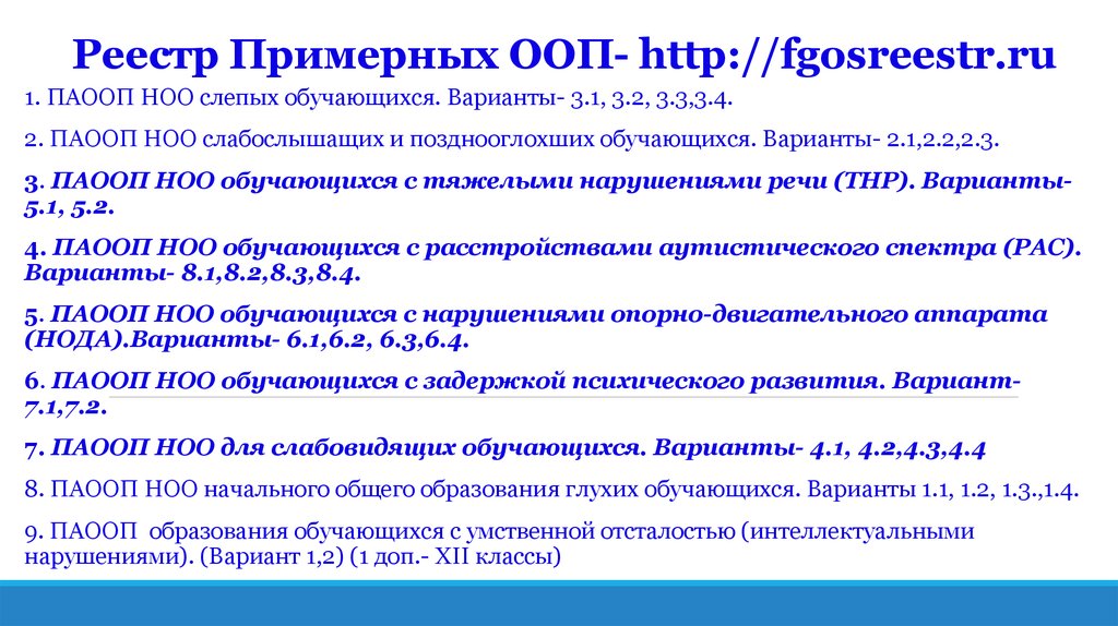 Фгос программы зпр. ООП НОО для слепых обучающихся. Варианты ООП НОО глухих и слабослышащих. Варианты 2.1, 2.2, 2.3 ООП НОО для слабослышащих. ФГОС реестр.