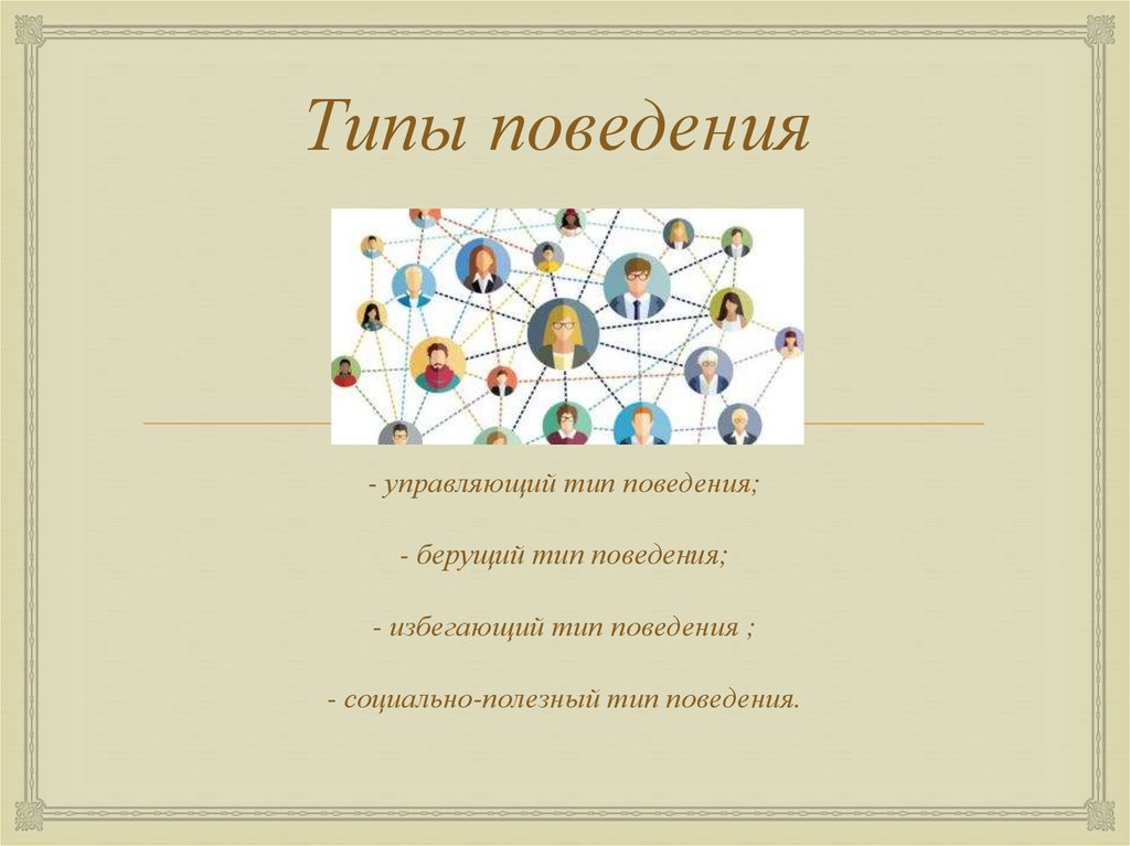 Представление о личности. Управляющий Тип берущий Тип избегающий Тип социально полезный Тип.