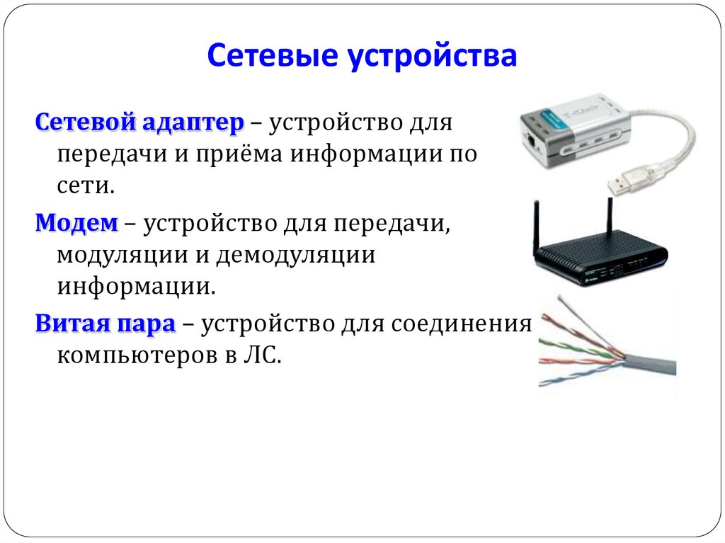 Сетевые устройства сети. Перечислите сетевые устройства. Сетевые устройства модем, сетевой адаптер, витая пара. Сетевые устройства локальных сетей. Сетевые устройства это в информатике.