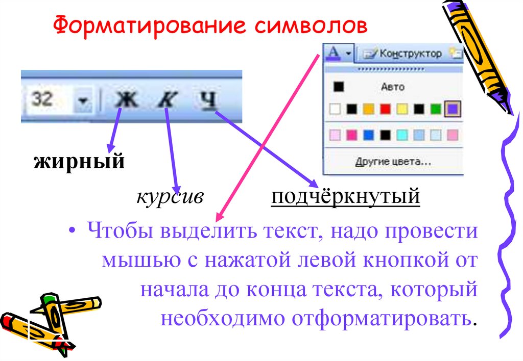 Жирный подчеркнутый текст. Форматирование символов. Что такое форматирование символов текста. Форматирование текста это в информатике. Перечислите основные способы форматирования символов.
