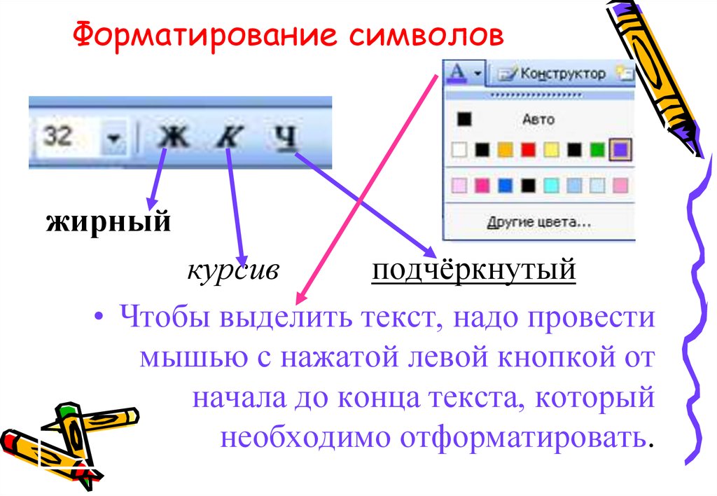 Понять выделить. Форматирование символов. Форматирование текста символами. Основные способы форматирования символов. Форматирование значок.