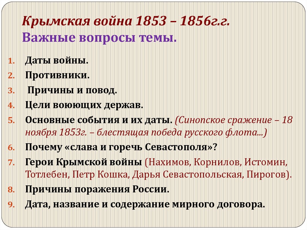 Основные события Крымской войны 1853-1856. Основные даты Крымской войны.