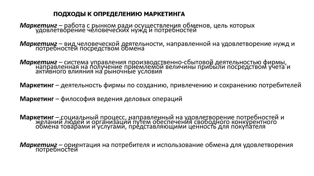 На потребителя ориентировано производство. Подходы к определению маркетинга. Условия обмена в маркетинге. Философия маркетинга утверждает. Процесс обмена в маркетинге.