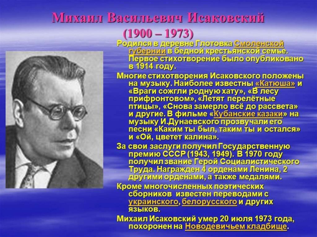 Михаил исаковский презентация 8 класс