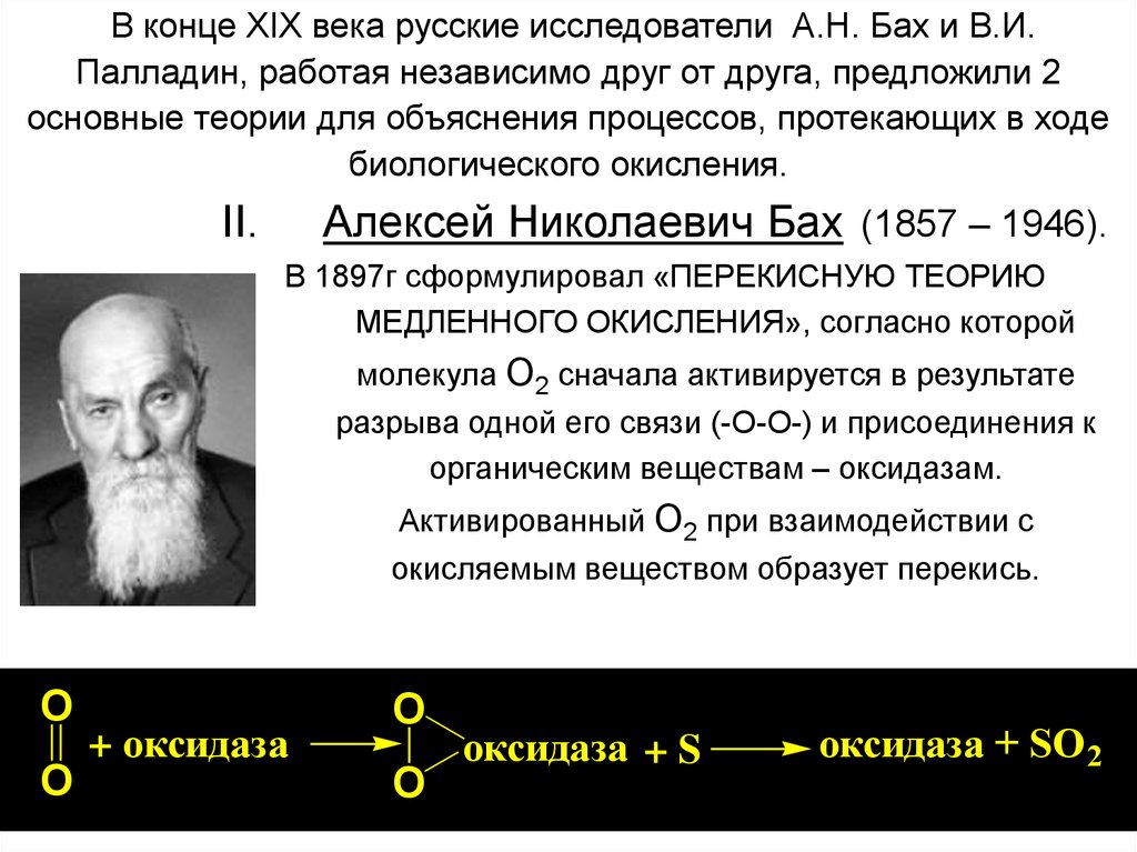В конце XIX века русские исследователи А.Н. Бах и В.И. Палладин, работая независимо друг от друга, предложили 2 основные теории
