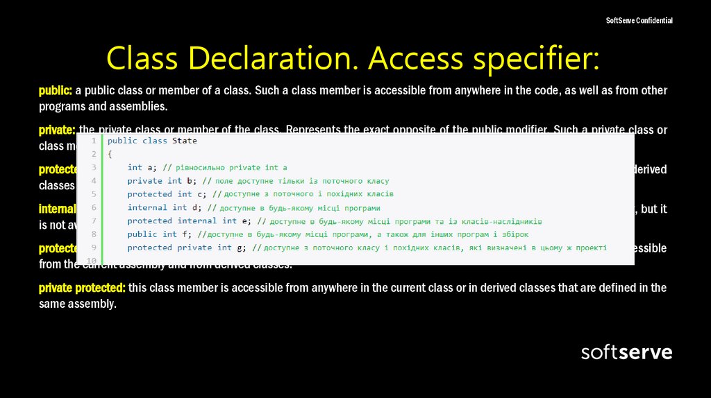 Class Declaration. Access specifier: