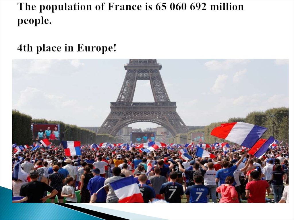 The population of France is 65 060 692 million people. 4th place in Europe!