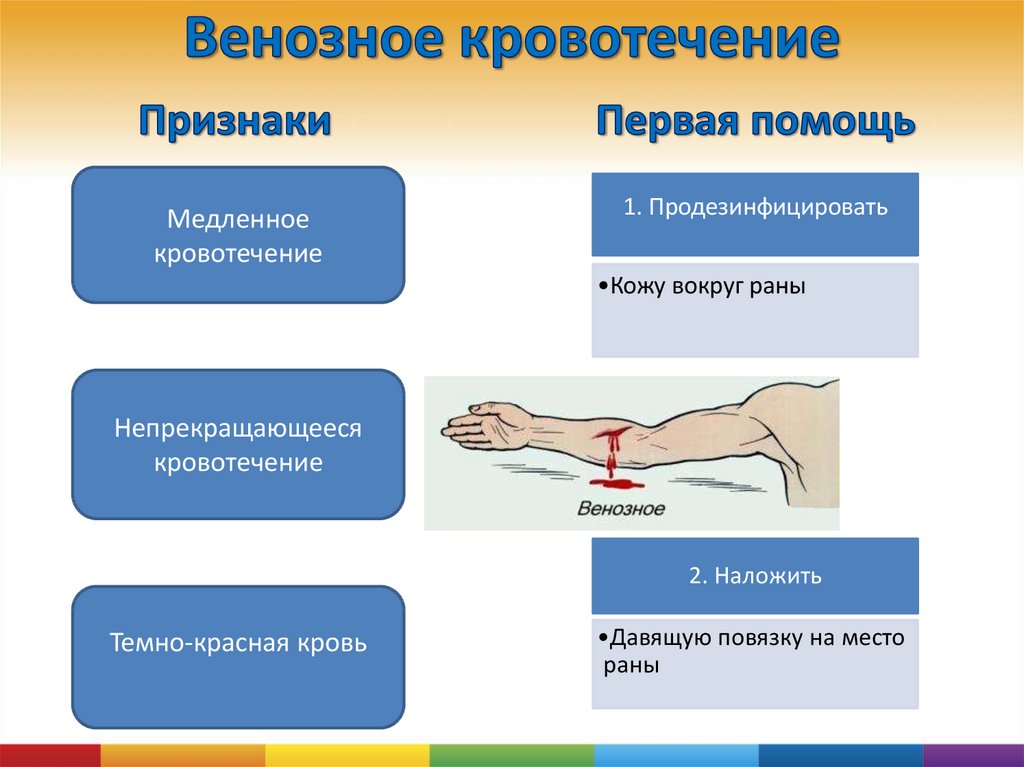 Виды кровотечения у человека. Основной признак поверхностного венозного кровотечения. Симптомы венозного кровотечения. Венозное кровотечение сим. Основные признаки венозного кровотечения.