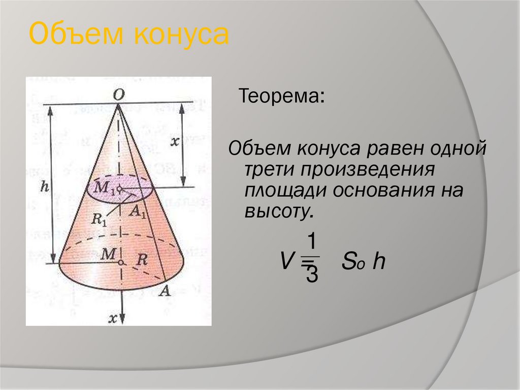 Объем конуса с двумя основанием. Объем усеченного конуса формула. Усеченная конус формула объема. Теорема об объеме конуса. Объем равностороннего конуса формула.