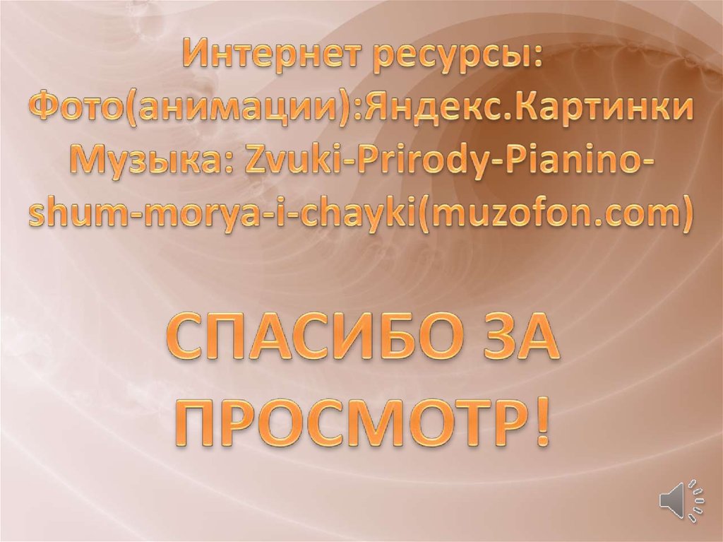 Интернет ресурсы: Фото(анимации):Яндекс.Картинки Музыка: Zvuki-Prirody-Pianino-shum-morya-i-chayki(muzofon.com) СПАСИБО ЗА