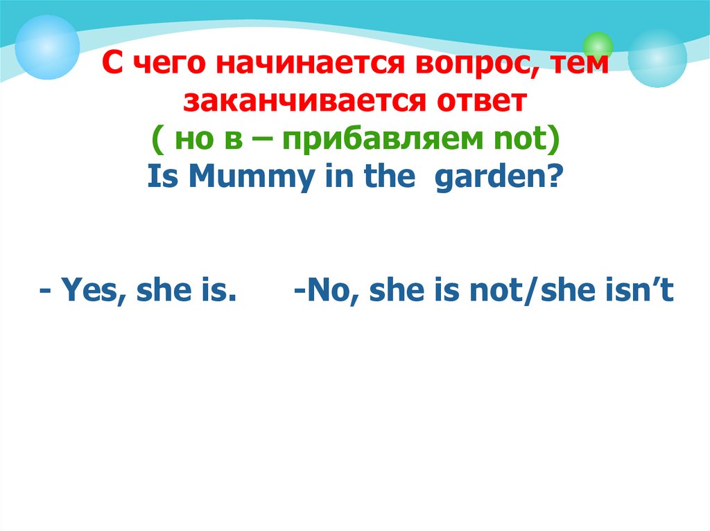 С чего начинается вопрос, тем заканчивается ответ ( но в – прибавляем not) Is Mummy in the garden? - Yes, she is. -No, she is