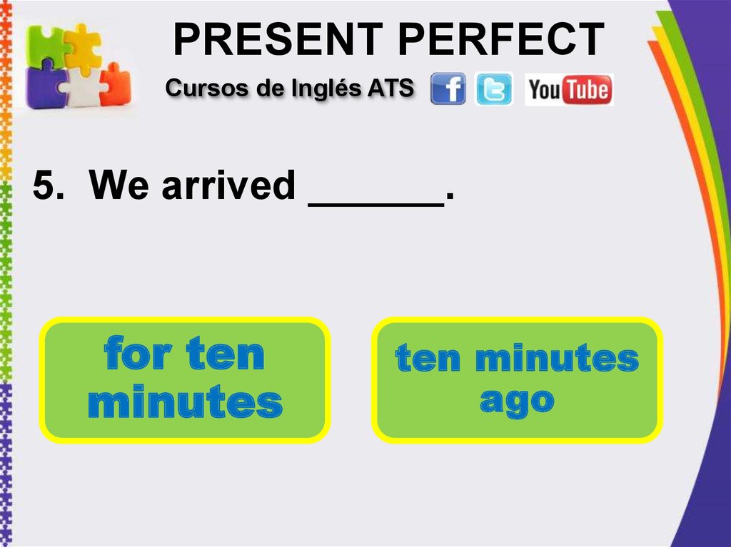 Present perfect arrive. For 10 minutes. 10 Minutes ago. We arrived yesterday