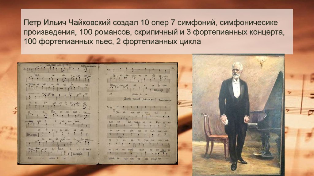 Петр Ильич Чайковский создал 10 опер 7 симфоний, симфоничесике произведения, 100 романсов, скрипичный и 3 фортепианных