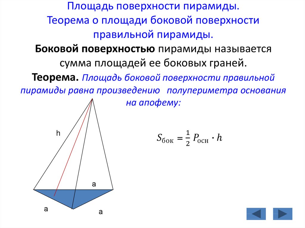 Полная поверхность пирамиды состоит из. Формула нахождения боковой поверхности правильной пирамиды. Пирамида площадь боковой поверхности правильной пирамиды.
