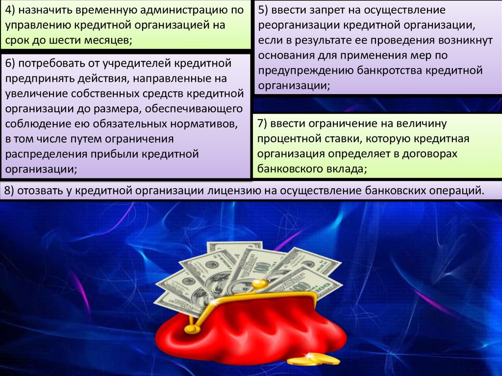 Введение временной. Реорганизация кредитных организаций. Субъекты банковской деятельности. Регулирование кредитных операций. Запрет проведения кредитных операций.