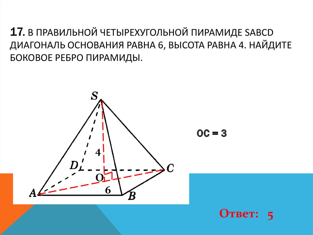 Боковое ребро правильной четырехугольной пирамиды равно 5