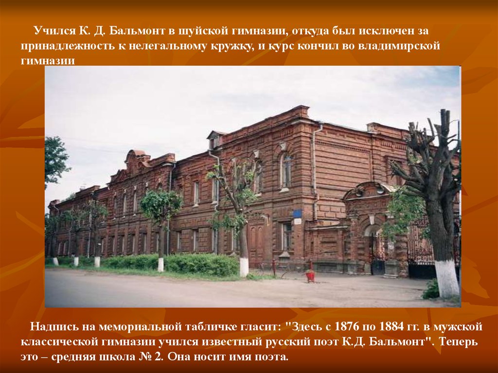 Где родился учился. Шуйская гимназия Бальмонта. Константин Дмитриевич Бальмонт Шуйской гимназии. Константин Бальмонт Владимирская гимназия. Школа Бальмонта Шуя.