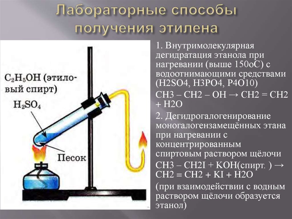 Нагревание этанола с концентрированной серной кислотой. Лабораторный способ получения этилена. Дегидратация лабораторный способ получения этилена. Лабораторный способ получения этилена c2h4. Лабораторный способ получения c2h4.