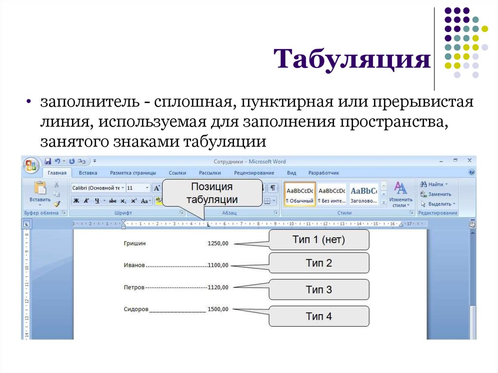 Содержание через табуляцию ворд