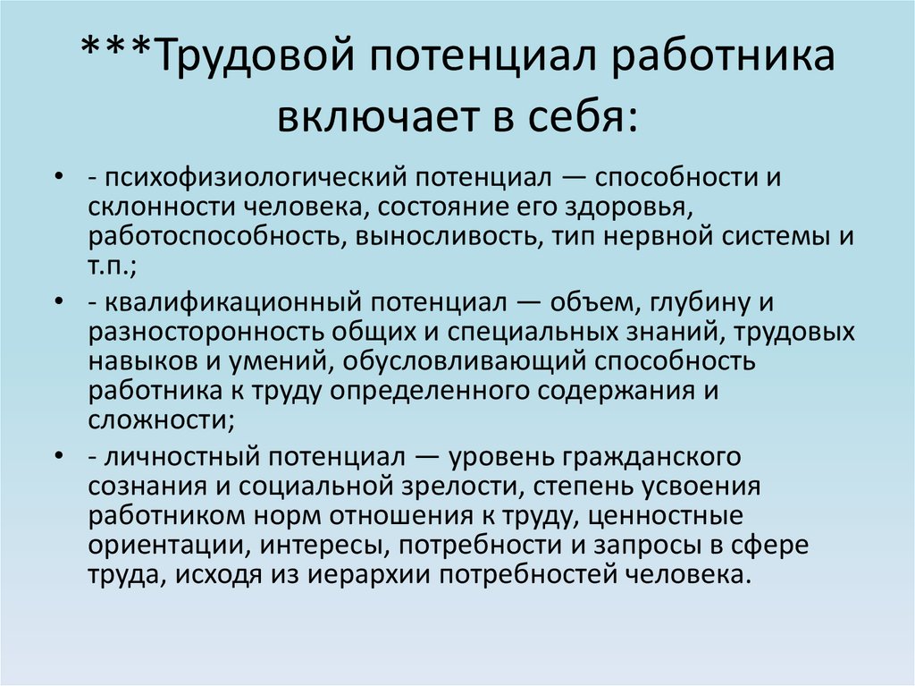 Компоненты трудового потенциала работников