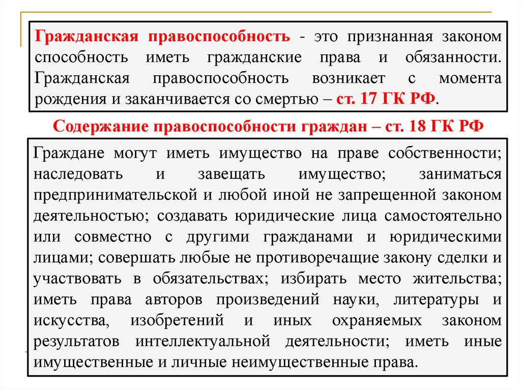 Иметь гражданские. Правоспособность в гражданском праве. Признанная законом способность иметь гражданские права. Гражданская правоспособность. Гражданская правоспособность это способность.