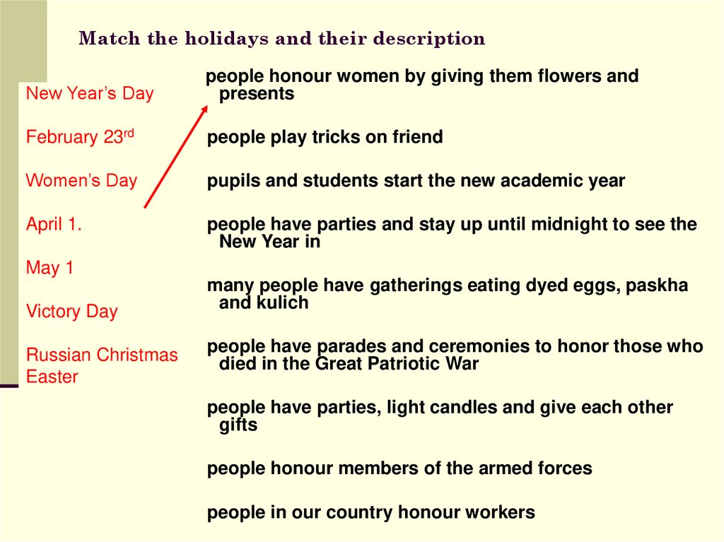 Match the holidays and their description