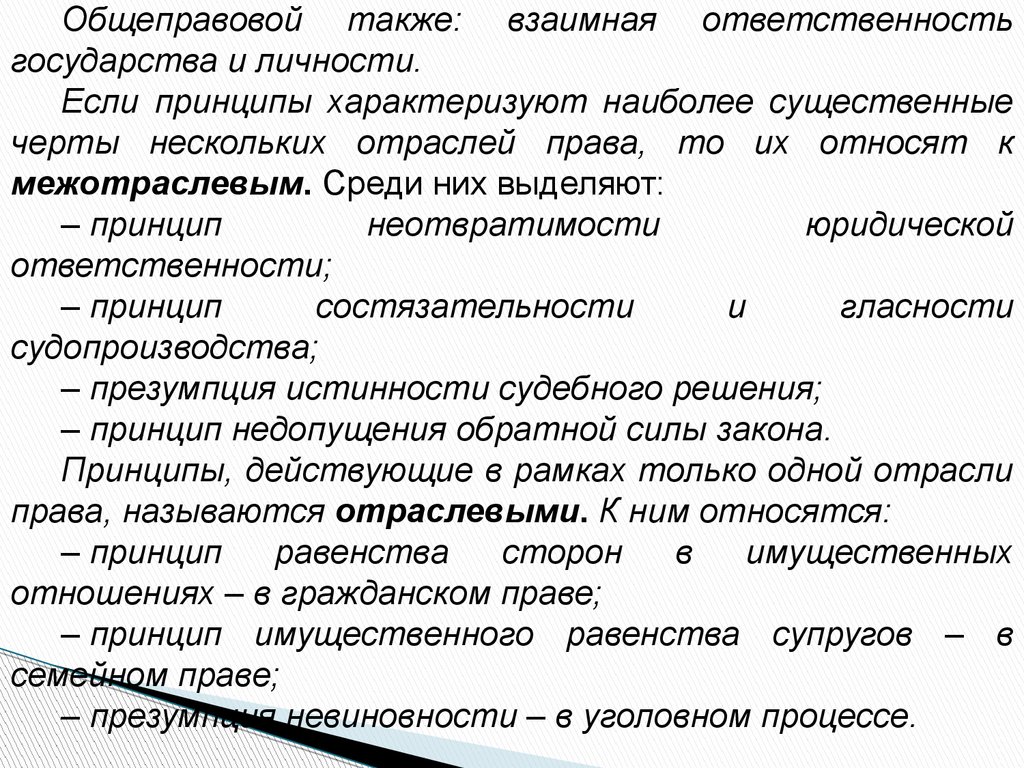 Общеправовые принципы. Принцип взаимной ответственности государства и личности. Сущность принципы и функции права. Общеправовые принципы гражданского права. Государство и личность их взаимная ответственность.