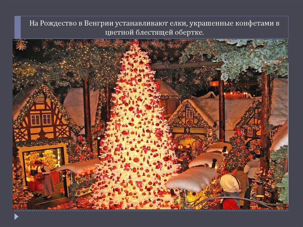 На Рождество в Венгрии устанавливают елки, украшенные конфетами в цветной блестящей обертке.