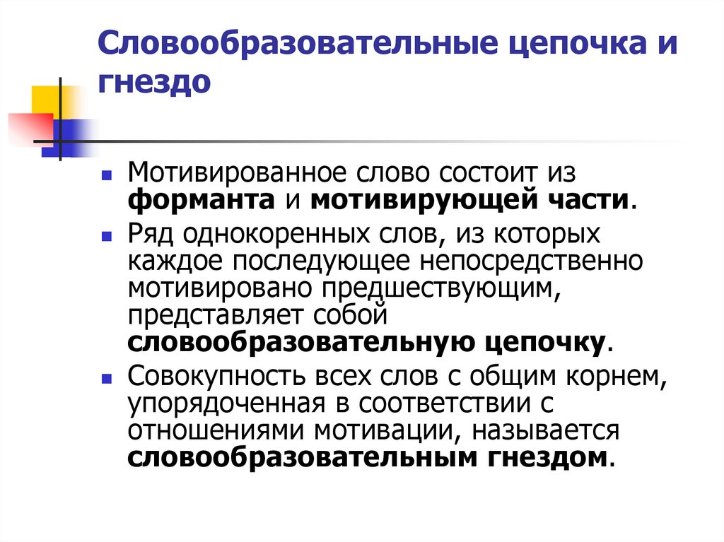 Постройте словообразовательные. Словообразовательная цепочка. Словообразовательное гнездо. Структура словообразовательного гнезда. 1 Словообразовательное гнездо.