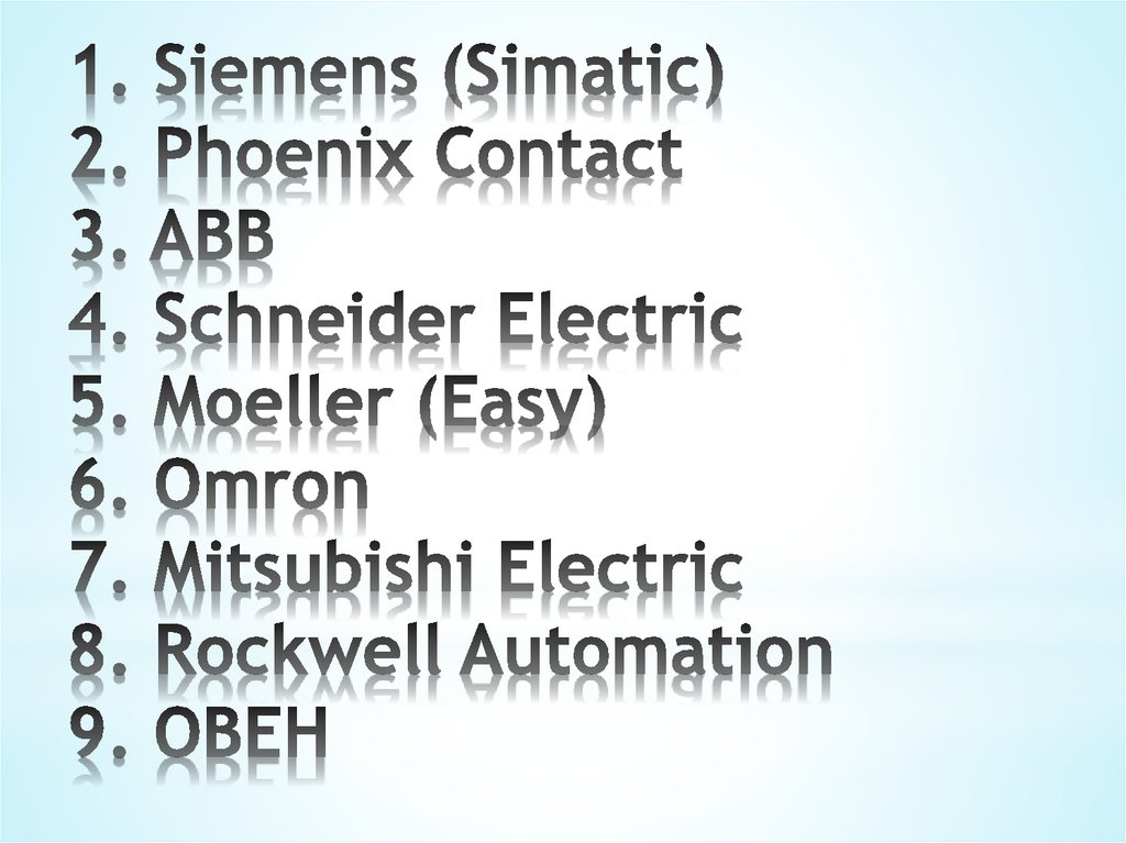 1. Siemens (Simatic) 2. Phoenix Contact 3. ABB 4. Schneider Electric 5. Moeller (Easy) 6. Omron 7. Mitsubishi Electric 8.