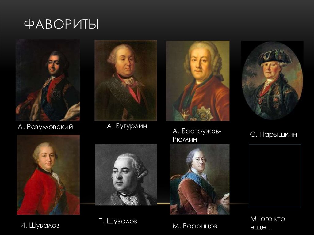 Список фаворитов. А. П. Бестужев-Рюмин и п. а. Шувалов. Фавориты Елизаветы Петровны Шуваловы, Воронцовы, Разумовские. Бутурлин Разумовский Шувалов. Воронцов и Шувалов.