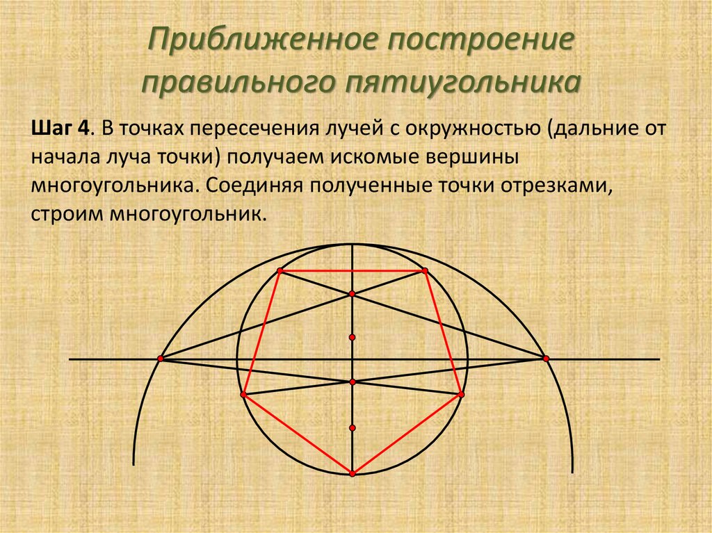 Постройте правильный пятиугольник по следующему плану с помощью транспортира