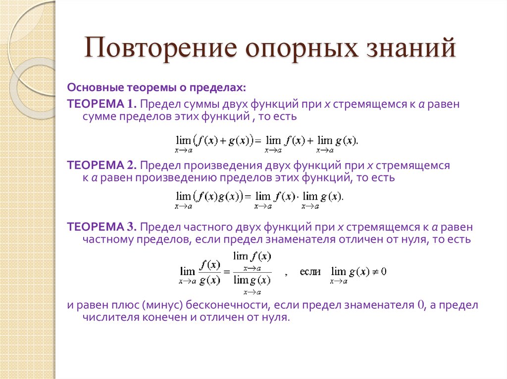 Основы пределов. Теоремы о пределах функций одной переменной. Вычисление пределов различных функций на бесконечности. Сформулировать и доказать основные теоремы о пределах функции. Основные теоремы о пределах последовательности.