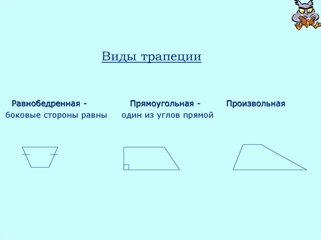 Виды трапеций. Три вида трапеции. Трапеция произвольного вида. Виды трапеций: · произвольная; · прямоугольная ; · равнобедренная. Виды трапеций картинки.