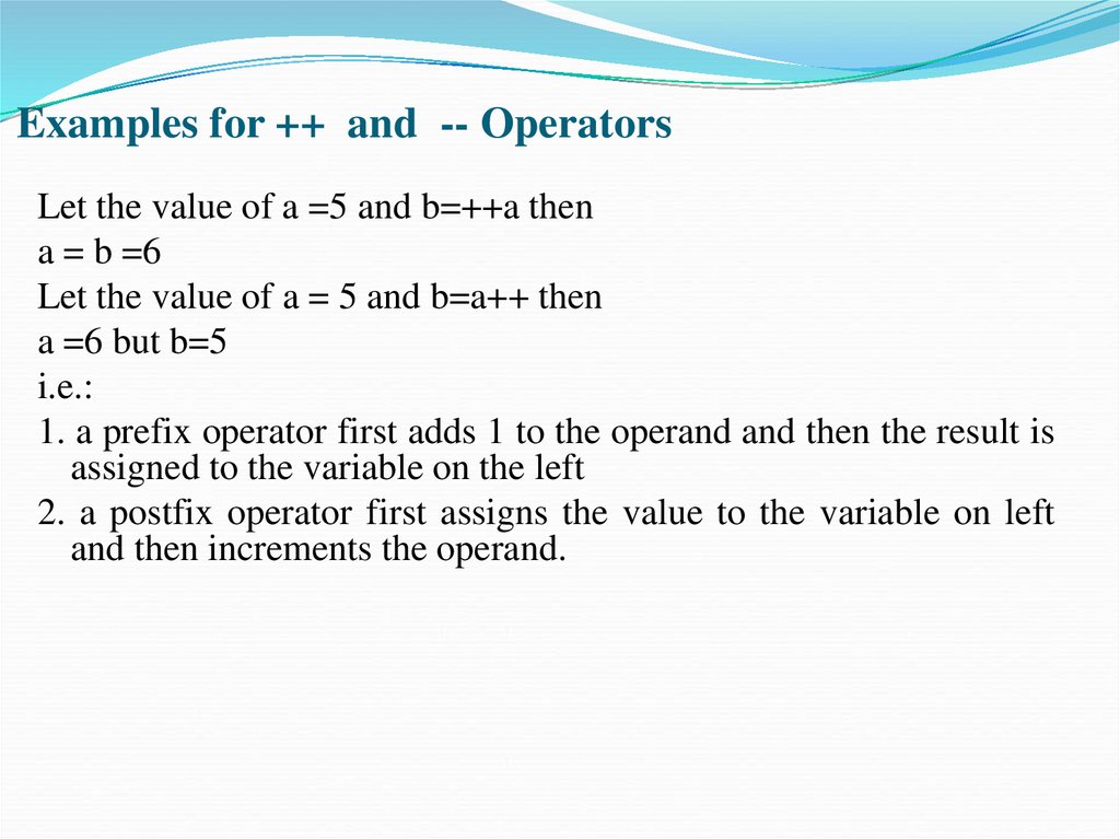 Examples for ++ and -- Operators