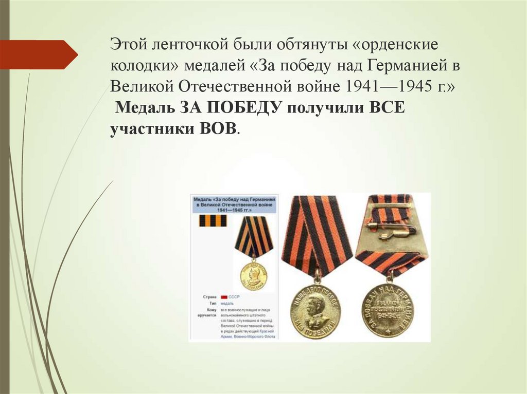 Этой ленточкой были обтянуты «орденские колодки» медалей «За победу над Германией в Великой Отечественной войне 1941—1945 г.»