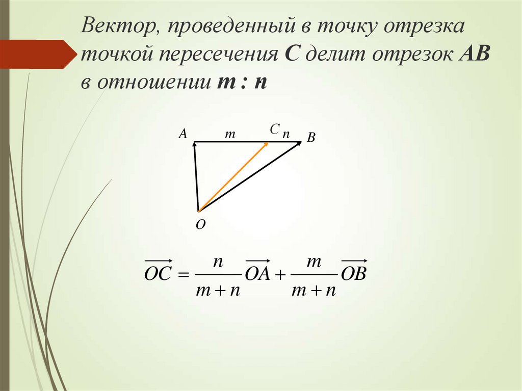 Точки концы векторов. Вектор проведенный к точке отрезка. Вектор проведенный в середину отрезка. Вектор делит отрезок в отношении. Отрезок делится точкой пересечения в отношении.