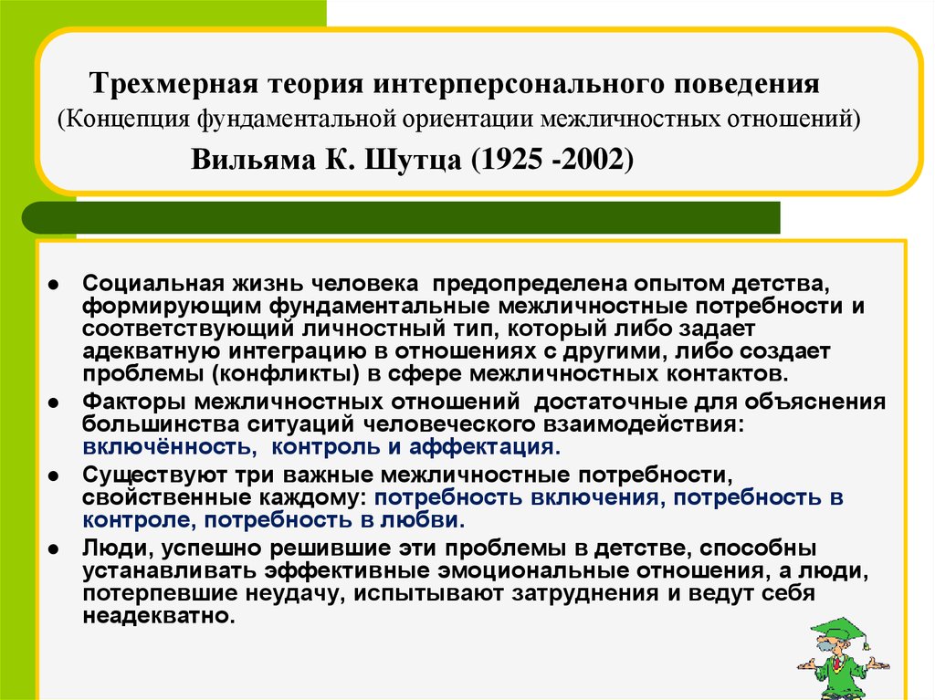 Межличностные ориентации. Теории межличностных отношений. Трехмерная теория интерперсонального поведения в Шутца. Трехмерная теория межличностного поведения Шутца.